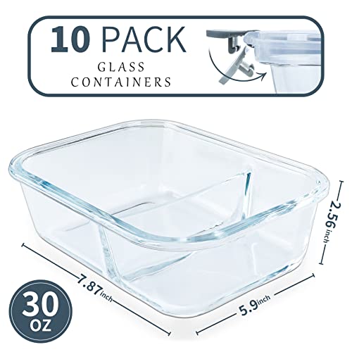 KOMUEE 10 Packs 30oz Glass Meal Prep Containers 2 Compartments,Glass Food Storage Containers with Lids,Airtight Lunch Bento Boxes,Microwave,Oven,Freezer and Dishwasher Safe - My Kitchen Products