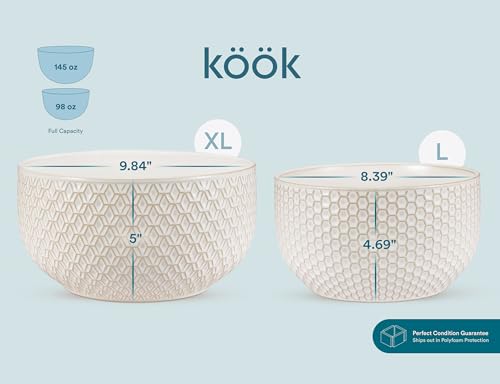 KooK Ceramic Mixing Bowls, Nesting Set of 4, Embossed Kitchen Dishware, Prep, Serving, Gift, Microwave and Dishwasher Safe, 20/44/98/145 oz, Narbonne Collection (Ivory) - My Kitchen Products