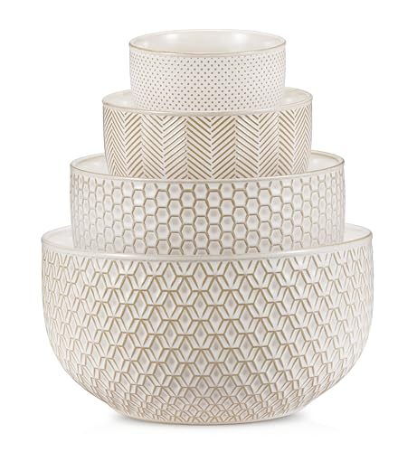 KooK Ceramic Mixing Bowls, Nesting Set of 4, Embossed Kitchen Dishware, Prep, Serving, Gift, Microwave and Dishwasher Safe, 20/44/98/145 oz, Narbonne Collection (Ivory) - My Kitchen Products