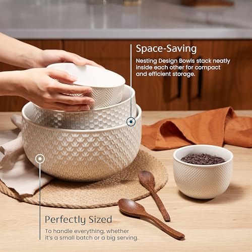 KooK Ceramic Mixing Bowls, Nesting Set of 4, Embossed Kitchen Dishware, Prep, Serving, Gift, Microwave and Dishwasher Safe, 20/44/98/145 oz, Narbonne Collection (Ivory) - My Kitchen Products