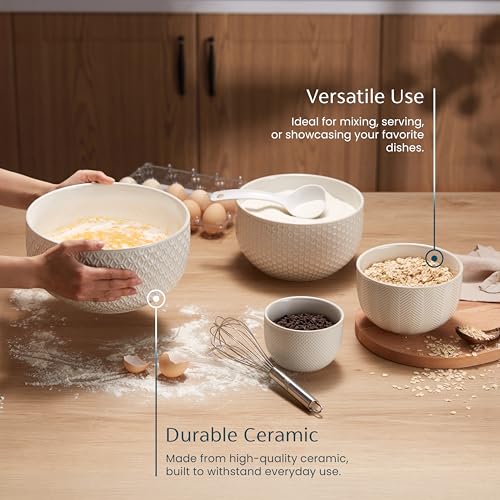 KooK Ceramic Mixing Bowls, Nesting Set of 4, Embossed Kitchen Dishware, Prep, Serving, Gift, Microwave and Dishwasher Safe, 20/44/98/145 oz, Narbonne Collection (Ivory) - My Kitchen Products