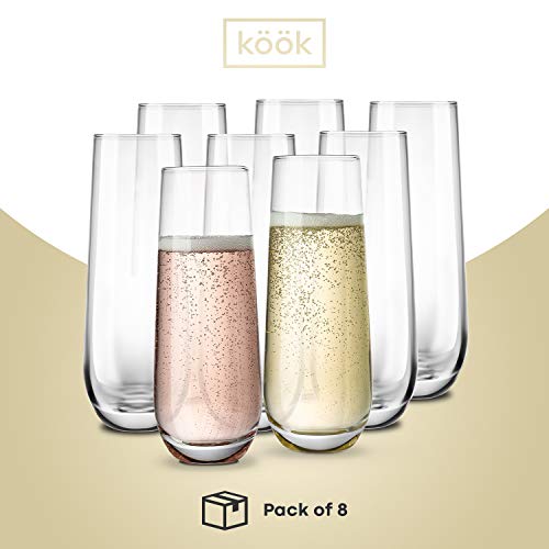 KooK Champagne Flutes, Champagne Glasses, Mimosa Glasses, Stemless Champagne Flutes, Set of 8, 9.4oz, Rose, Prosecco, for Weddings and Parties, Dishwasher Safe - My Kitchen Products