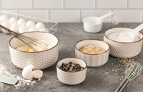 KooK Serving Bowls, with Lids, Ceramic Nesting Bowls, Set of 4, Embossed, Kitchen, Prep, Stackable, Gift, Microwave and Dishwasher Safe, 10/16/29/47 oz, Narbonne Collection (Ivory) - My Kitchen Products