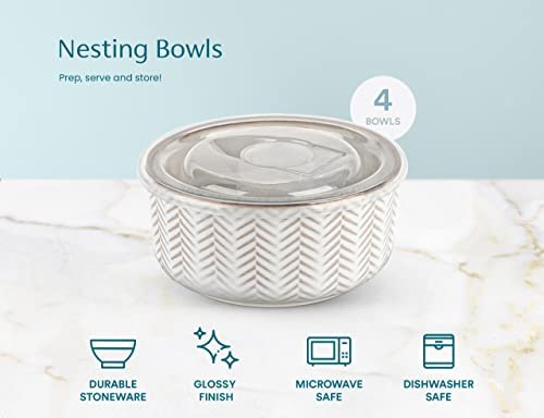 KooK Serving Bowls, with Lids, Ceramic Nesting Bowls, Set of 4, Embossed, Kitchen, Prep, Stackable, Gift, Microwave and Dishwasher Safe, 10/16/29/47 oz, Narbonne Collection (Ivory) - My Kitchen Products