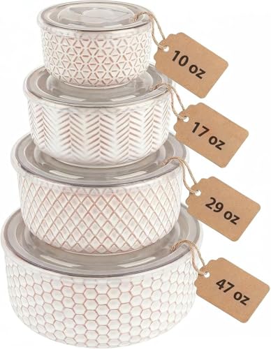 KooK Serving Bowls, with Lids, Ceramic Nesting Bowls, Set of 4, Embossed, Kitchen, Prep, Stackable