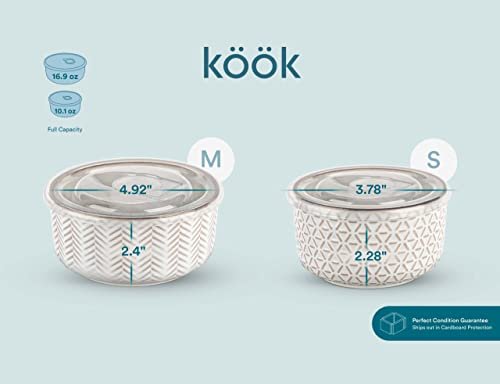 KooK Serving Bowls, with Lids, Ceramic Nesting Bowls, Set of 4, Embossed, Kitchen, Prep, Stackable, Gift, Microwave and Dishwasher Safe, 10/16/29/47 oz, Narbonne Collection (Ivory) - My Kitchen Products