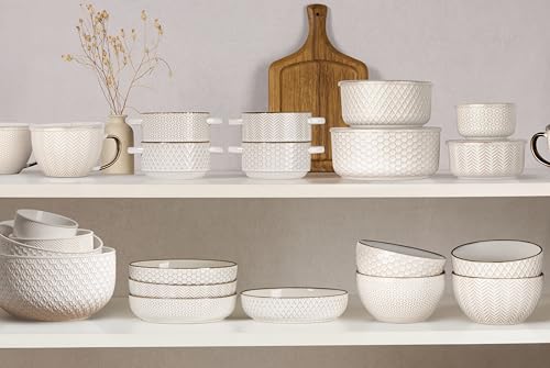 KooK Serving Bowls, with Lids, Ceramic Nesting Bowls, Set of 4, Embossed, Kitchen, Prep, Stackable, Gift, Microwave and Dishwasher Safe, 10/16/29/47 oz, Narbonne Collection (Ivory) - My Kitchen Products