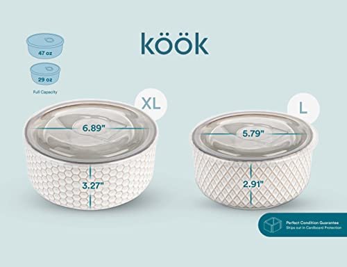 KooK Serving Bowls, with Lids, Ceramic Nesting Bowls, Set of 4, Embossed, Kitchen, Prep, Stackable, Gift, Microwave and Dishwasher Safe, 10/16/29/47 oz, Narbonne Collection (Ivory) - My Kitchen Products