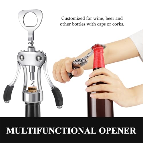 KORCCI Wine Opener, Heavy-Duty Zinc Alloy Wing Corkscrew, Premium Beer Bottle Opener, Multifunctional Wine Accessories with Ergonomic Handle and Sharp Screw, for Kitchen, Bar, Restaurant (SILVER) - My Kitchen Products