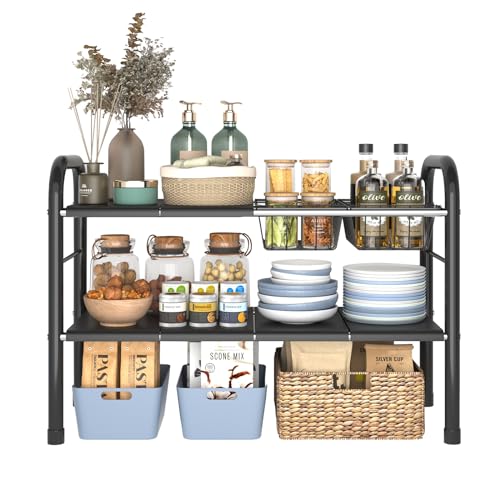 KOSIWU Expandable Under Sink Organizer, 2 Tier Under Sink Shelf with 2 Removable Baskets and 6 Removable Panels for Cabinet Sink Cloakroom Wardrobe Closet Storage(Black, 17.71”-32”Length - My Kitchen Products