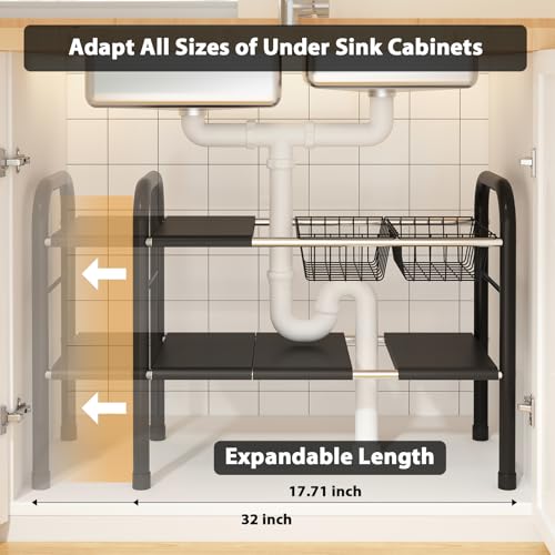 KOSIWU Expandable Under Sink Organizer, 2 Tier Under Sink Shelf with 2 Removable Baskets and 6 Removable Panels for Cabinet Sink Cloakroom Wardrobe Closet Storage(Black, 17.71”-32”Length - My Kitchen Products
