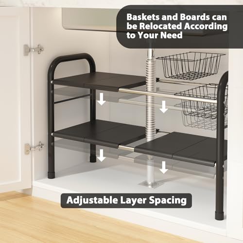 KOSIWU Expandable Under Sink Organizer, 2 Tier Under Sink Shelf with 2 Removable Baskets and 6 Removable Panels for Cabinet Sink Cloakroom Wardrobe Closet Storage(Black, 17.71”-32”Length - My Kitchen Products