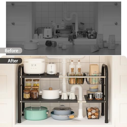 KOSIWU Expandable Under Sink Organizer, 2 Tier Under Sink Shelf with 2 Removable Baskets and 6 Removable Panels for Cabinet Sink Cloakroom Wardrobe Closet Storage(Black, 17.71”-32”Length - My Kitchen Products