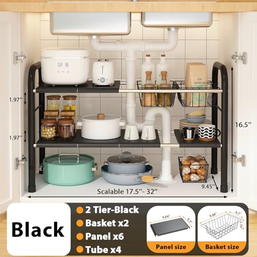 KOSIWU Expandable Under Sink Organizer, 2 Tier Under Sink Shelf with 2 Removable Baskets and 6 Removable Panels for Cabinet Sink Cloakroom Wardrobe Closet Storage(Black, 17.71”-32”Length - My Kitchen Products