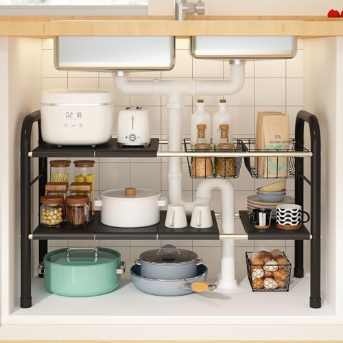 KOSIWU Expandable Under Sink Organizer, 2 Tier Under Sink Shelf with 2 Removable Baskets and 6 Removable Panels for Cabinet