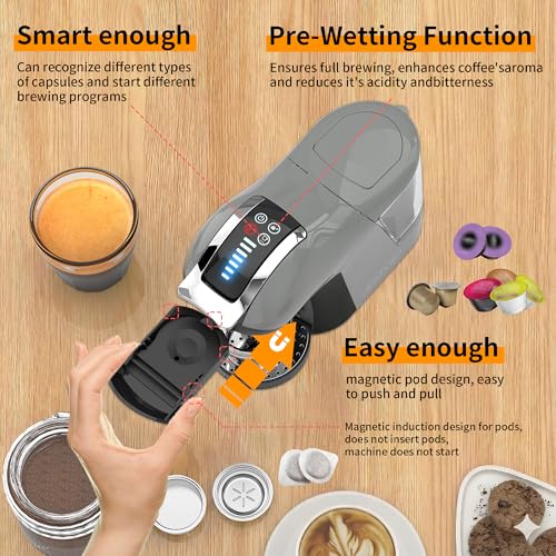KOTLIE EM-308B Espresso Machine, Single Serve Coffee Maker Compatible with Multiple Capsule Types, Ground Coffee, and ESE Pods. 3 Temperatures, 7 Water Volume Levels, and a 1L Water Tank（Gray） - My Kitchen Products