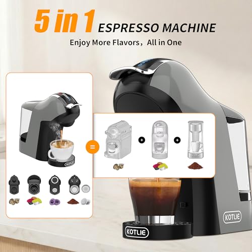 KOTLIE EM-308B Espresso Machine, Single Serve Coffee Maker Compatible with Multiple Capsule Types, Ground Coffee, and ESE Pods. 3 Temperatures, 7 Water Volume Levels, and a 1L Water Tank（Gray） - My Kitchen Products