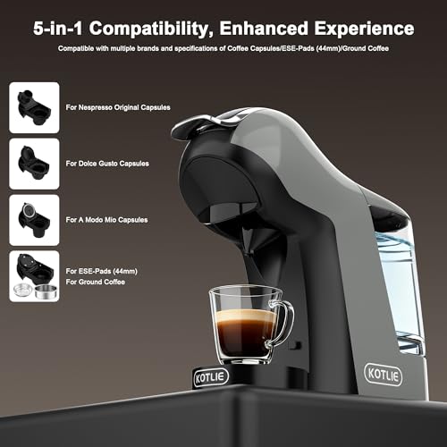 KOTLIE EM-308B Espresso Machine, Single Serve Coffee Maker Compatible with Multiple Capsule Types, Ground Coffee, and ESE Pods. 3 Temperatures, 7 Water Volume Levels, and a 1L Water Tank（Gray） - My Kitchen Products