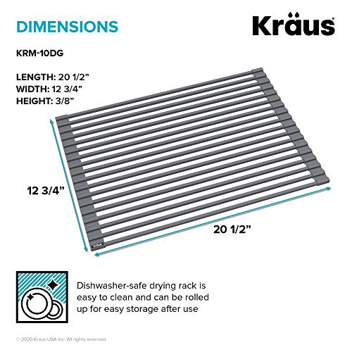 Kraus Multipurpose Over-Sink Roll-Up Dish Drying Rack, Colander and Trivet in Dark Grey, KRM-10DG - My Kitchen Products