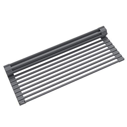 Kraus Multipurpose Over-Sink Roll-Up Dish Drying Rack, Colander and Trivet in Dark Grey, KRM-10DG - My Kitchen Products