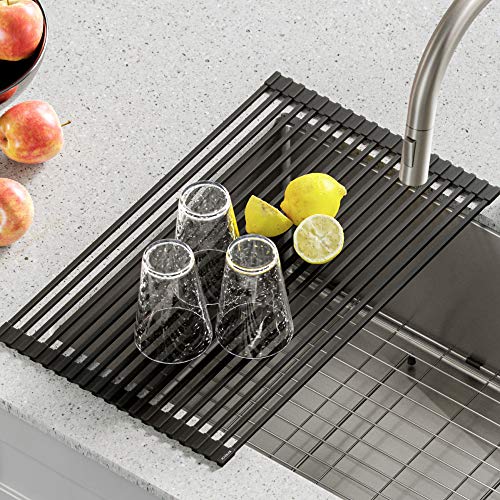 Kraus Multipurpose Over-Sink Roll-Up Dish Drying Rack, Colander and Trivet in Dark Grey, KRM-10DG - My Kitchen Products