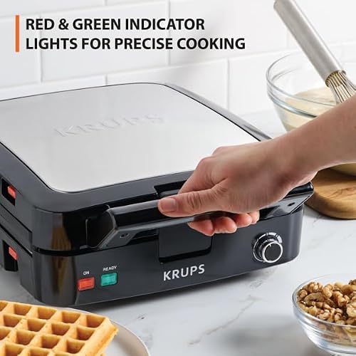 KRUPS 4-Slice Belgian Waffle Maker: Stainless Steel, 5 Browning Levels, Audible Ready Beep, Removable Plates, 1200W, Silver/Black, Large Waffle Maker Family Size, Great for Family Breakfasts - My Kitchen Products