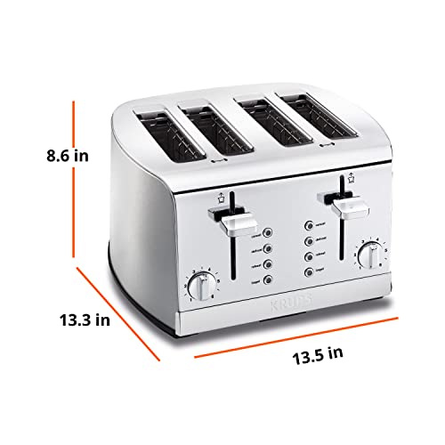 KRUPS: Breakfast Set Stainless Steel Toaster 4 Slice 1500 Watts 6 Brown Settings, Defrost, Reheat, High Lift Lever Silver, Matte and Chrome - My Kitchen Products