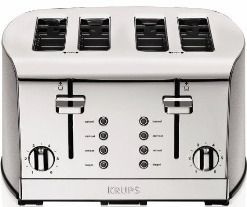 KRUPS: Breakfast Set Stainless Steel Toaster 4 Slice 1500 Watts 6 Brown Settings, Defrost, Reheat, High Lift Lever Silver, Matte and Chrome - My Kitchen Products