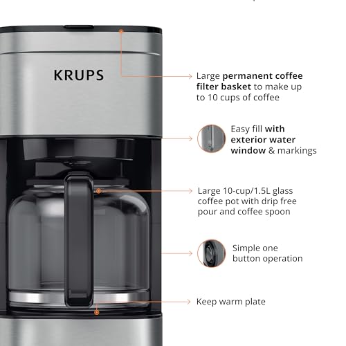 KRUPS Coffee Maker 10 Cups Simply Brew Stainless Steel Drip Coffee Maker, 900 Watts Coffee Filter, Drip Free, Dishwasher Safe Pot , Black & Silver - My Kitchen Products