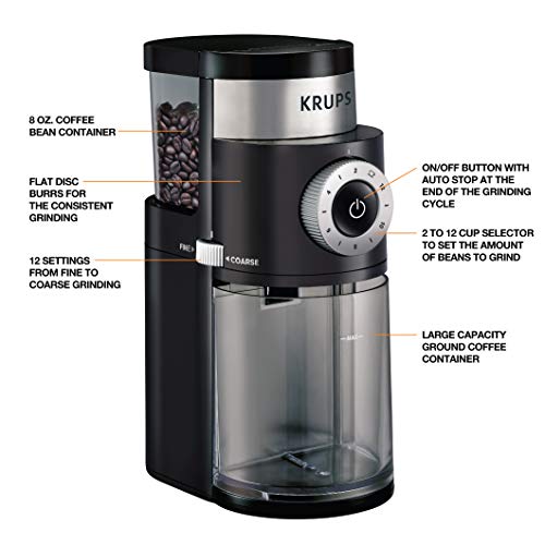 KRUPS Precision Burr Coffee Grinder: 12 Settings, 8 oz Capacity for Drip, French Press, Espresso, Pour Over, Cold Brew - Stainless Steel, 110W, Auto-Stop, Easy Clean - Coffee Grinders for Home Use - My Kitchen Products