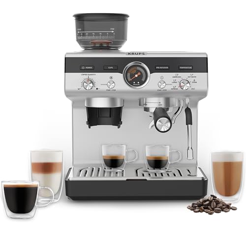 KRUPS Precision Espresso Coffee Machine with Grinder, Latte & Cappuccino Maker, Pump Pressure + Milk Frother Steam Wand, Adjustable Grind Settings for Barista-Quality Results, Stainless Steel & Black - My Kitchen Products