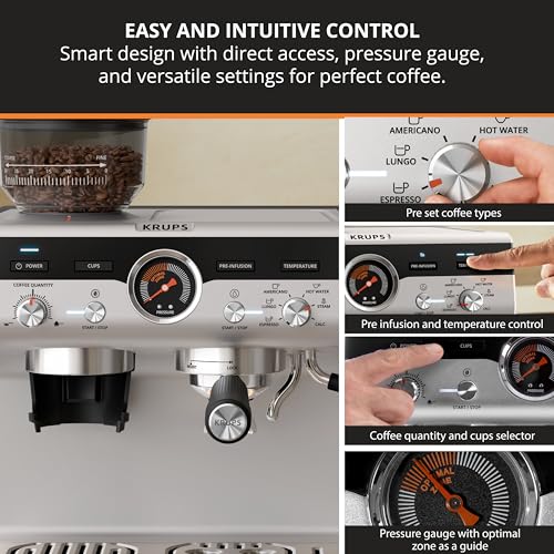 KRUPS Precision Espresso Coffee Machine with Grinder, Latte & Cappuccino Maker, Pump Pressure + Milk Frother Steam Wand, Adjustable Grind Settings for Barista-Quality Results, Stainless Steel & Black - My Kitchen Products