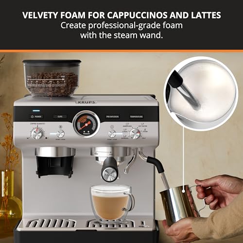 KRUPS Precision Espresso Coffee Machine with Grinder, Latte & Cappuccino Maker, Pump Pressure + Milk Frother Steam Wand, Adjustable Grind Settings for Barista-Quality Results, Stainless Steel & Black - My Kitchen Products