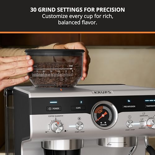 KRUPS Precision Espresso Coffee Machine with Grinder, Latte & Cappuccino Maker, Pump Pressure + Milk Frother Steam Wand, Adjustable Grind Settings for Barista-Quality Results, Stainless Steel & Black - My Kitchen Products