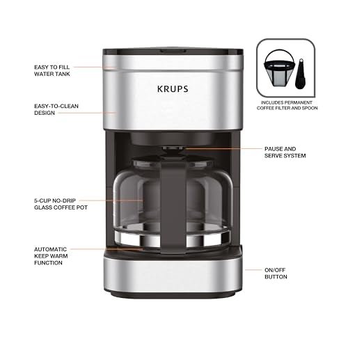KRUPS Simply Brew Compact 5 Cup Coffee Maker: Stainless Steel Design, Pause & Brew, Keep Warm, Reusable Filter, Drip-Free Carafe - My Kitchen Products