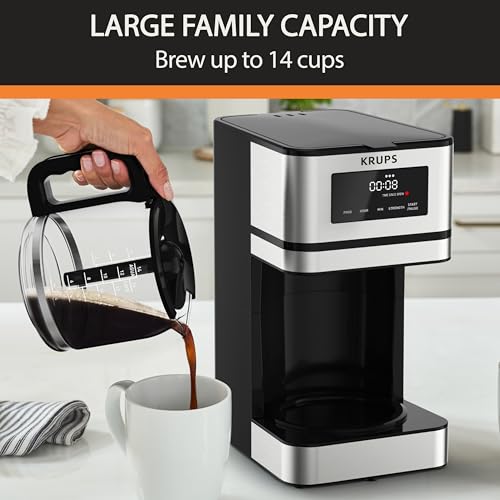 KRUPS Simply Brew: Stainless Steel and Glass Carafe 12 Cup Drip Coffee Maker, Programmable with Digital Display, Dishwasher Safe, Drip Free Coffee Machine, Black and Silver - My Kitchen Products