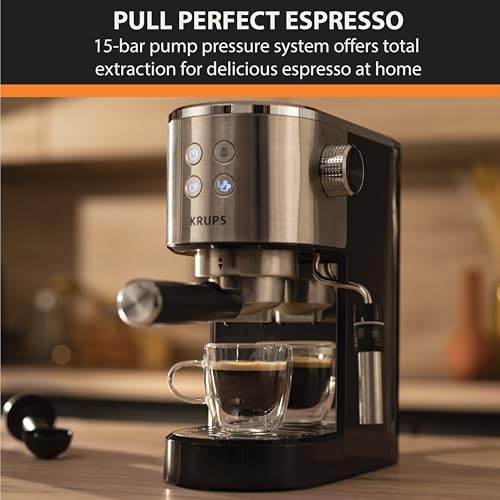KRUPS Stainless Steel Espresso Machine: 15-Bar Pump Pressure, Milk Frother for Cappuccino and Latte, Fast Pre-Heat, 2-Cup Capacity, Cup Warmer, Easy Cleaning, 1350W, Silver - My Kitchen Products