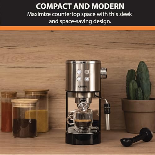 KRUPS Stainless Steel Espresso Machine: 15-Bar Pump Pressure, Milk Frother for Cappuccino and Latte, Fast Pre-Heat, 2-Cup Capacity, Cup Warmer, Easy Cleaning, 1350W, Silver - My Kitchen Products