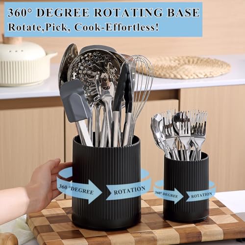 Kyraton Cooking Utensils Holder 2pcs, 360° Rotating Heavy Duty Plastic Kitchen Utensil Holder for Countertop, The Small Utensil Crock for Cutlery Silverware, Tooth Brush, Desk Pencil Pen - My Kitchen Products