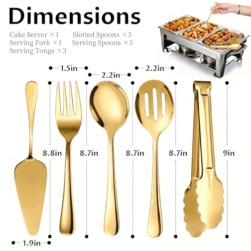 Kzovone 11PCS Stainless Steel Gold Serving Utensils, 8.7''Serving Spoons,8.7''Slotted Spoons, Serving Fork, 9'' Serving Tongs,Cake Server,Hostess Serving Set for Chafing Dish Buffet Catering Parties - My Kitchen Products