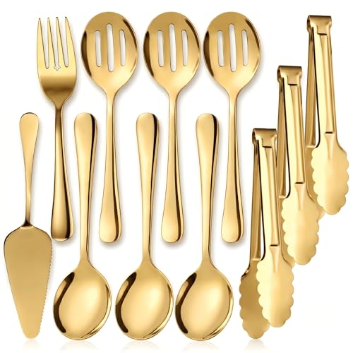 Kzovone 11PCS Stainless Steel Gold Serving Utensils, 8.7''Serving Spoons,8.7''Slotted Spoons, Serving