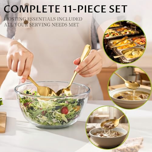 Kzovone 11PCS Stainless Steel Gold Serving Utensils, 8.7''Serving Spoons,8.7''Slotted Spoons, Serving Fork, 9'' Serving Tongs,Cake Server,Hostess Serving Set for Chafing Dish Buffet Catering Parties - My Kitchen Products