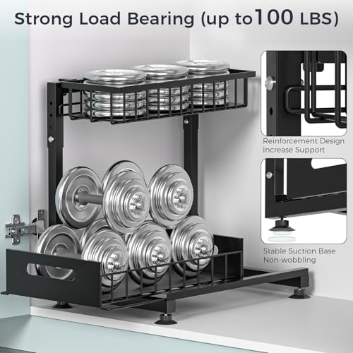 L-Shaped Under Sink Organizer, 2 Pack 2-Tier Pull Out Metal Kitchen Cabinet Organizer with Sliding Storage Drawer, Height Adjustable Heavy Duty Under Bathroom Sink Storage for Cleaning Supplies - My Kitchen Products