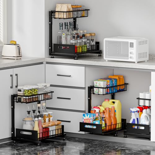L-Shaped Under Sink Organizer, 2 Pack 2-Tier Pull Out Metal Kitchen Cabinet Organizer with Sliding Storage Drawer, Height Adjustable Heavy Duty Under Bathroom Sink Storage for Cleaning Supplies - My Kitchen Products