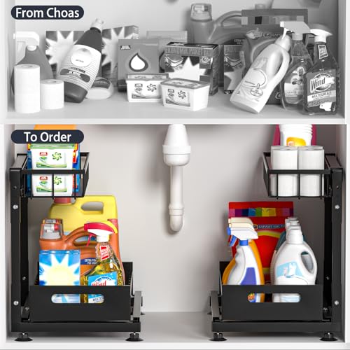 L-Shaped Under Sink Organizer, 2 Pack 2-Tier Pull Out Metal Kitchen Cabinet Organizer with Sliding Storage Drawer, Height Adjustable Heavy Duty Under Bathroom Sink Storage for Cleaning Supplies - My Kitchen Products