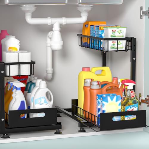 L-Shaped Under Sink Organizer, 2 Pack 2-Tier Pull Out Metal Kitchen Cabinet Organizer with Sliding Storage