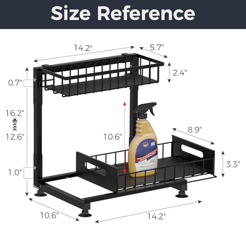 L-Shaped Under Sink Organizer, 2 Pack 2-Tier Pull Out Metal Kitchen Cabinet Organizer with Sliding Storage Drawer, Height Adjustable Heavy Duty Under Bathroom Sink Storage for Cleaning Supplies - My Kitchen Products