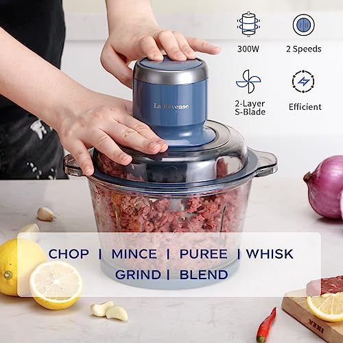 La Reveuse Food Processor,Electric Food Chopper with 7-Cup (1.7L) Glass Bowl, 4 Bi-Level Blades for Chopping,Grinding,Mincing,Whisking,Meal Prep,300W,Blue - My Kitchen Products