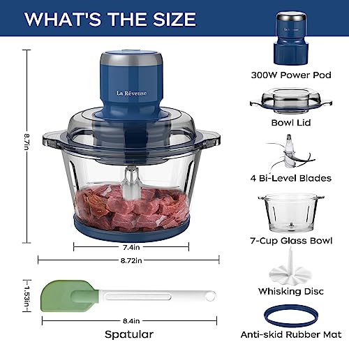 La Reveuse Food Processor,Electric Food Chopper with 7-Cup (1.7L) Glass Bowl, 4 Bi-Level Blades for Chopping,Grinding,Mincing,Whisking,Meal Prep,300W,Blue - My Kitchen Products