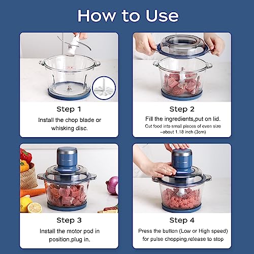 La Reveuse Food Processor,Electric Food Chopper with 7-Cup (1.7L) Glass Bowl, 4 Bi-Level Blades for Chopping,Grinding,Mincing,Whisking,Meal Prep,300W,Blue - My Kitchen Products